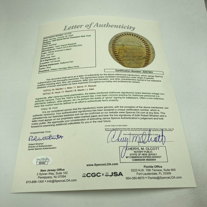 1953 New York Yankees World Series Champs Team Signed Baseball Mickey Mantle JSA