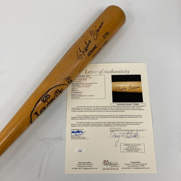 Charlie Grimm Single Signed Chicago Cubs Game Used Bat With JSA COA