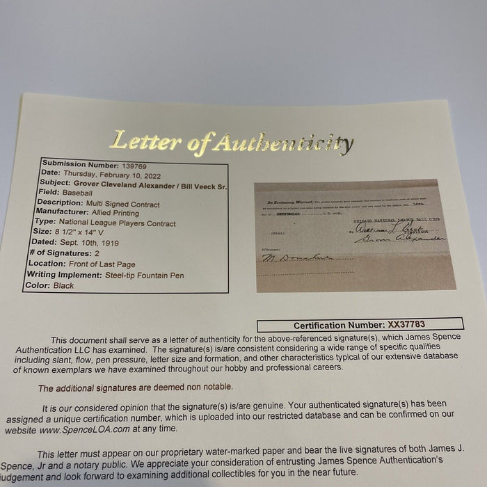 Historic 1920 Grover Alexander Signed Chicago Cubs Contract Triple Crown Season