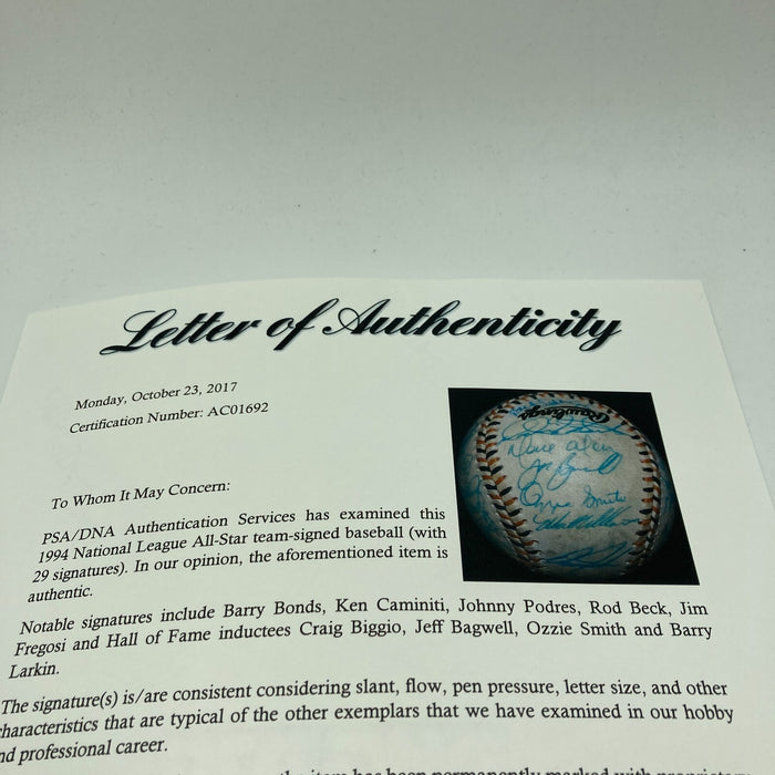 1994 All Star Game National League Team Signed Baseball Barry Bonds PSA DNA COA