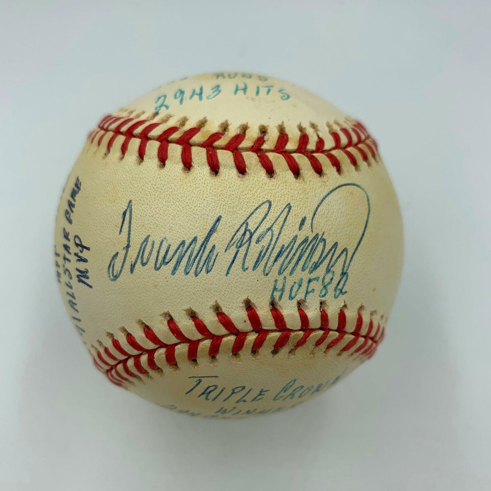 Rare Frank Robinson Signed Heavily Inscribed Career STAT Baseball With JSA COA