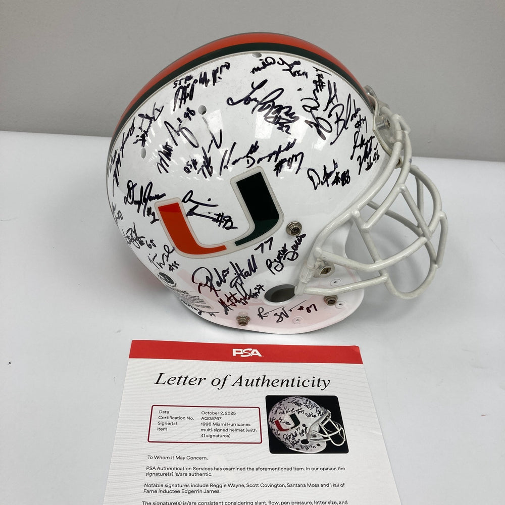 1998 Miami Hurricane Team Signed Game Issued Helmet 41 Sigs PSA DNA COA