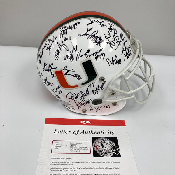 1998 Miami Hurricane Team Signed Game Issued Helmet 41 Sigs PSA DNA COA