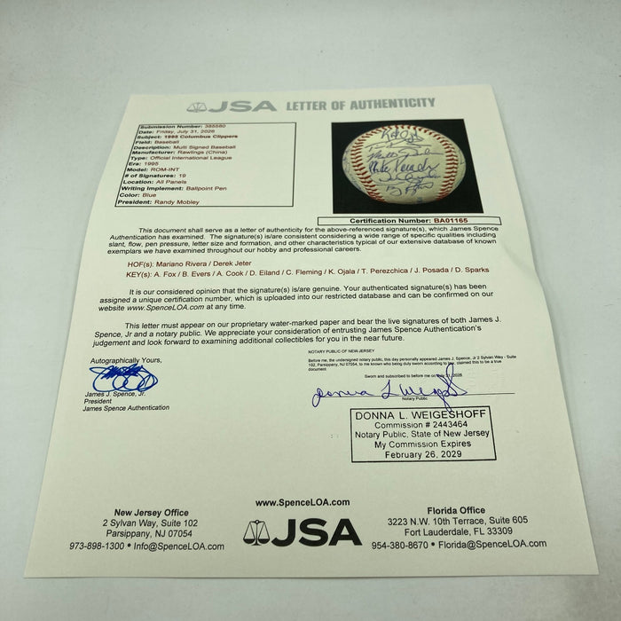 Derek Jeter Mariano Rivera Pre Rookie 1995 Columbus Clippers Signed Baseball JSA