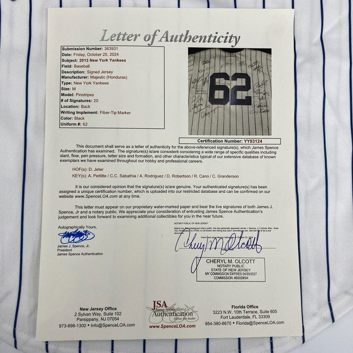 2013 Yankees Team Signed Jersey Derek Jeter Alex Rodriguez Ichiro Suzuki JSA COA