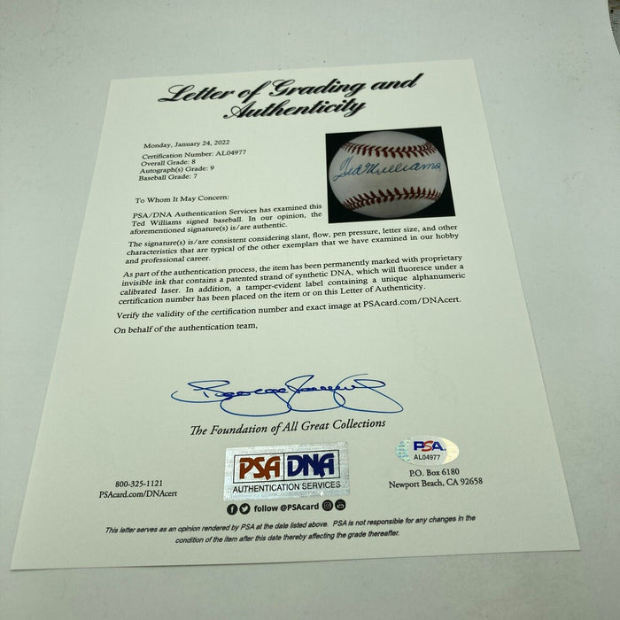 Beautiful Ted Williams Single Signed AL Baseball PSA DNA Auto Graded MINT 9