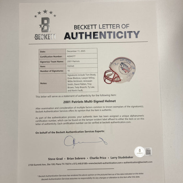 2001 New England Patriots Team Signed Helmet Tom Brady First Super Bowl Beckett