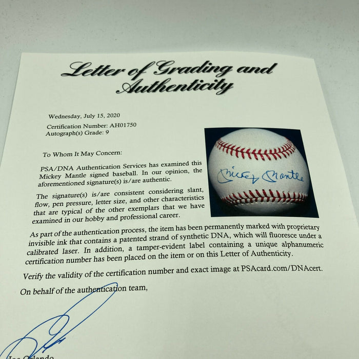 Beautiful Mickey Mantle Signed American League Baseball PSA DNA Graded MINT 9