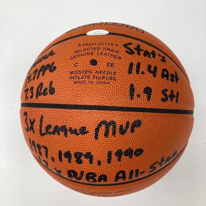 Magic Johnson Signed Heavily Inscribed STATS Basketball 18/32 JSA & Steiner COA