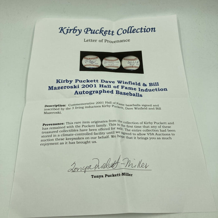 Kirby Puckett Dave Winfield Bill Mazeroski '01 HOF Induction Signed Baseball JSA