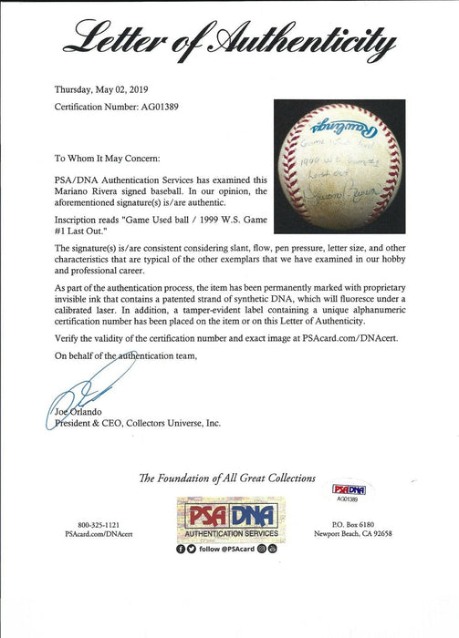 The Final Out Baseball Of The 1999 World Series Signed By Mariano Rivera PSA DNA