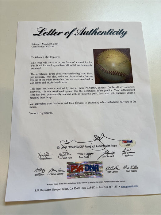 Dutch Leonard Single Signed Baseball PSA DNA COA