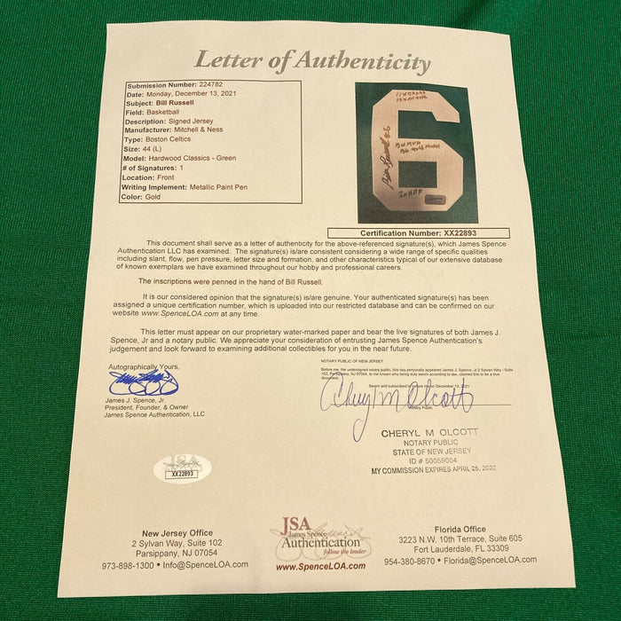 Bill Russell Signed Heavily Inscribed STATS Boston Celtics Jersey With JSA COA