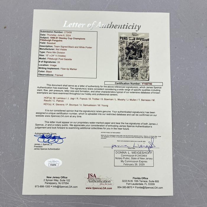 1990-91 Stanley Cup Champion Pittsburgh Penguins Team Signed Newspaper Photo JSA