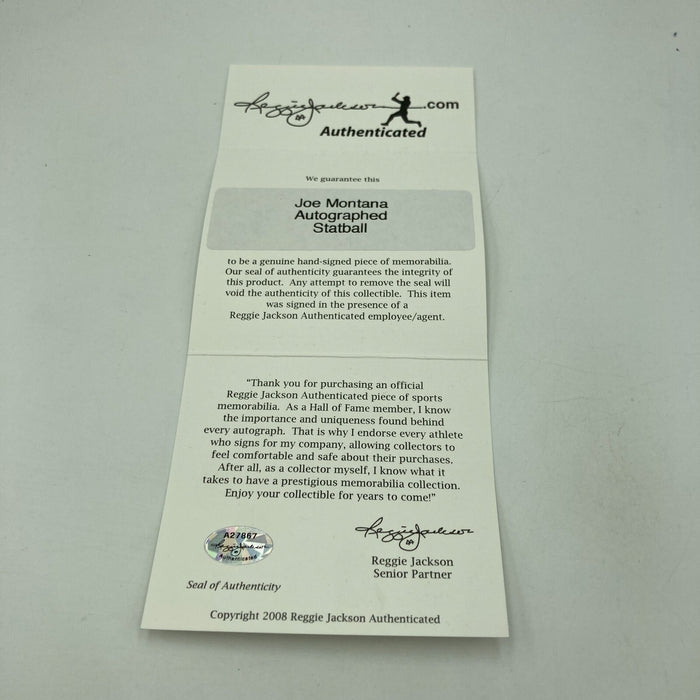 Joe Montana Signed Heavily Inscribed Career STAT Baseball Reggie Jackson COA