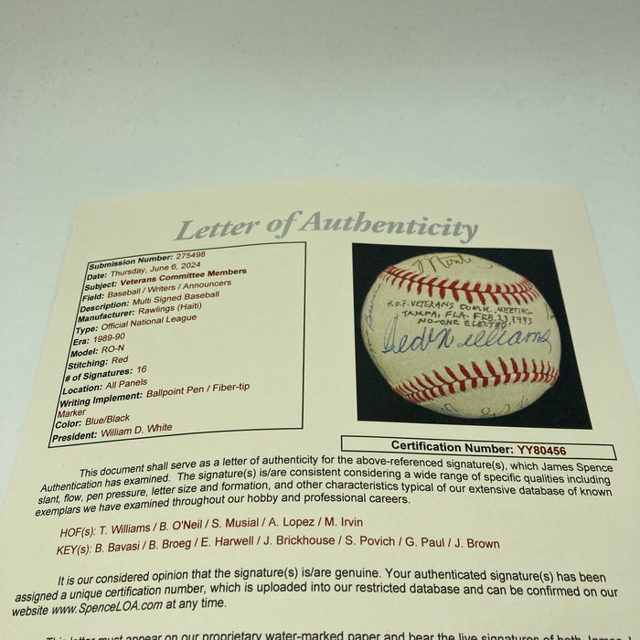 Hall Of Fame Veterans Committee Signed Baseball Ted Williams Stan Musial JSA