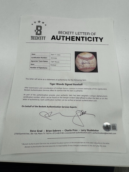 Tiger Woods Single Signed Game Used Major League Baseball Beckett COA