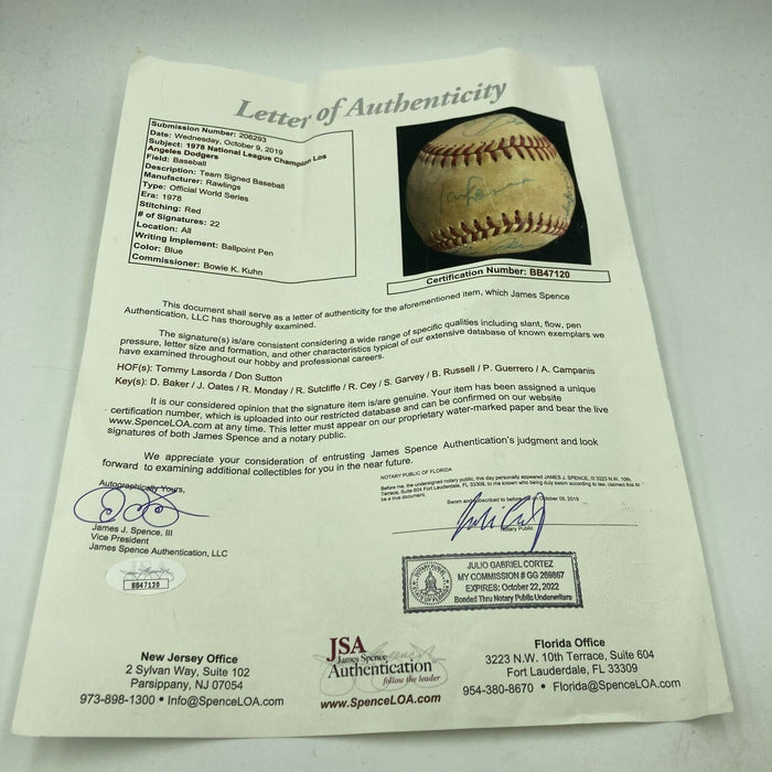 1978 Los Angeles Dodgers NL Champs Team Signed World Series Baseball JSA COA