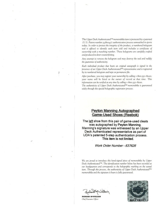 Peyton Manning Game-Used Signed Reebok Football Cleats Shoes Upper Deck UDA COA