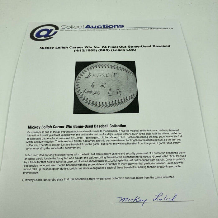 Mickey Lolich Signed Career Win No. 24 Final Out Game Used Baseball Beckett COA