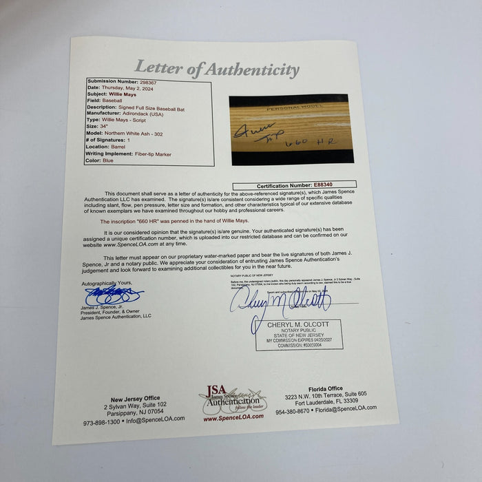 Willie Mays "660 Home Runs" Signed Adirondack Game Model Baseball Bat JSA COA