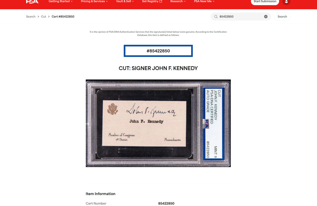 President John F. Kennedy JFK Signed Congressional Card PSA DNA Certified
