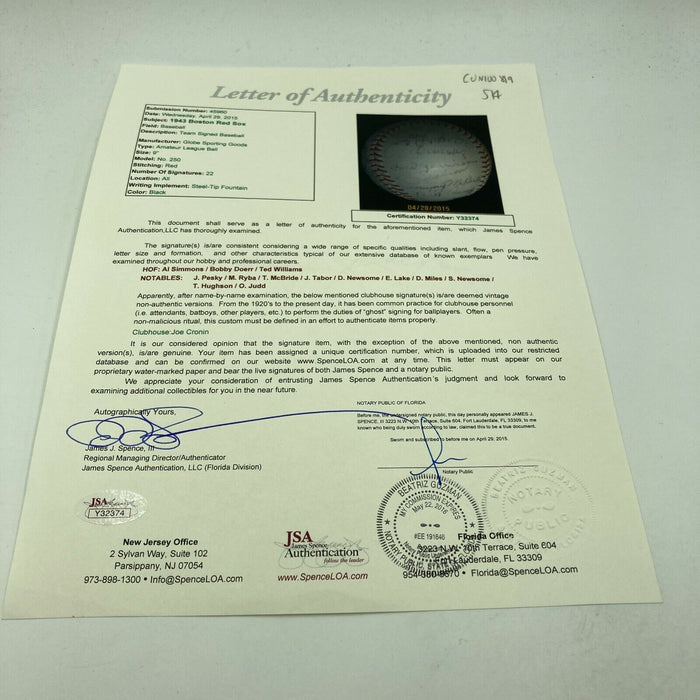 Nice 1943 Boston Red Sox Team Signed Baseball Ted Williams Al Simmons JSA COA