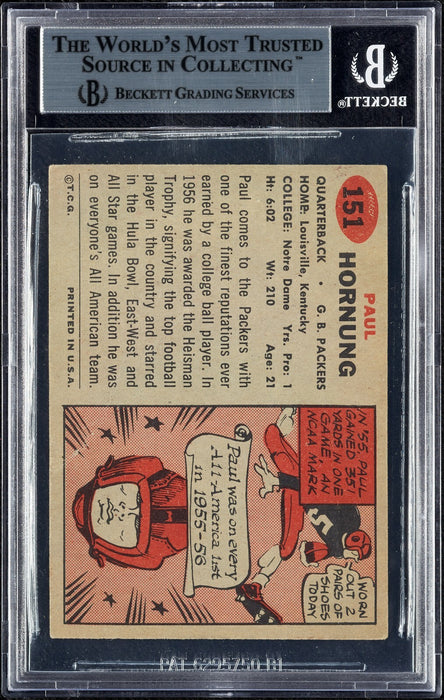 1957 Topps Paul Hornung Signed RC Rookie Football Card #151 BGS Beckett
