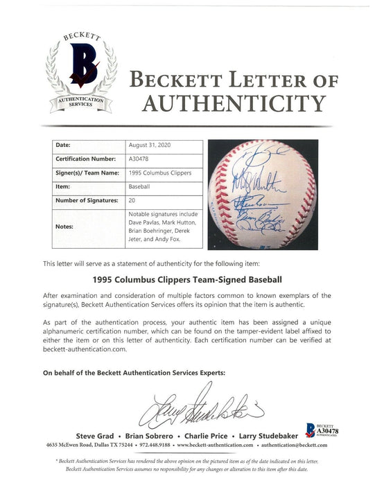Derek Jeter Pre Rookie 1995 Columbus Clippers Team Signed Baseball Beckett COA