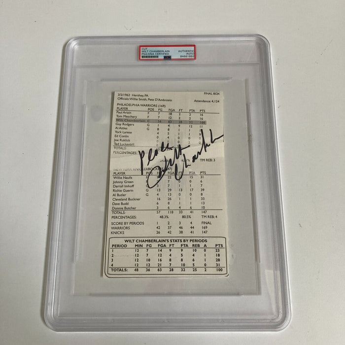 Wilt Chamberlain Signed 100 Point Game Scorecard PSA DNA Auto