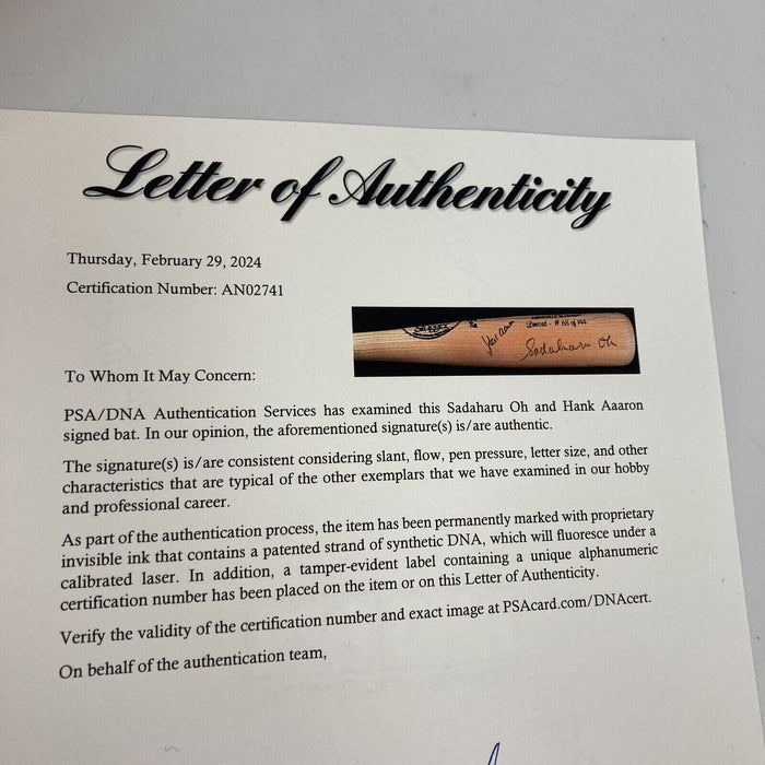 Hank Aaron & Sadaharu Oh Signed Louisville Slugger Game Model Bat PSA DNA COA