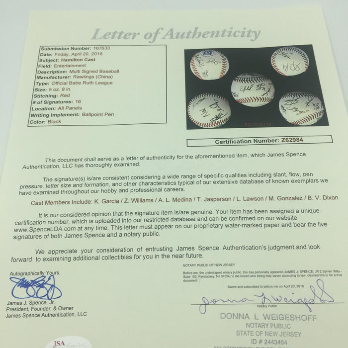 Rare Hamilton Cast Multi Signed Baseball 16 Signatures JSA COA Broadway Show