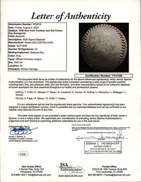 Ty Cobb Satchel Paige 1946 Yankees First Old Timers Day Signed Baseball JSA COA