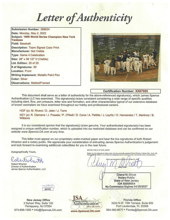 1998 New York Yankees World Series Champs Team Signed Huge 28x38 Photo JSA COA