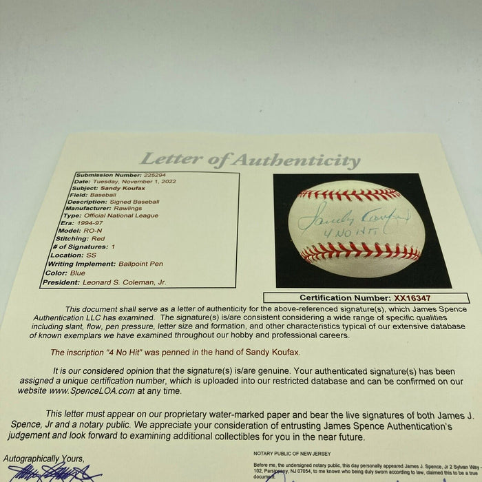 Sandy Koufax 4 No Hitters Signed National League Baseball JSA COA