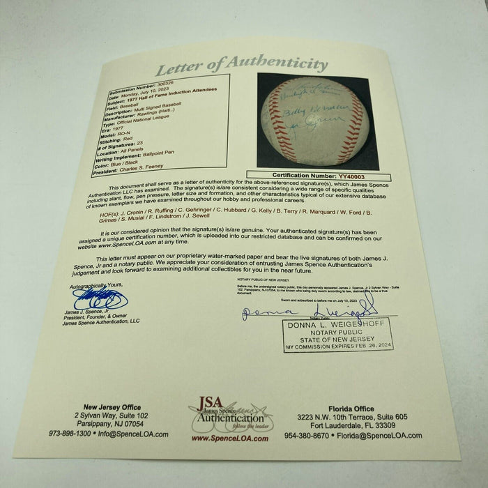 Beautiful 1977 Hall Of Fame Induction Multi Signed Baseball 23 Sigs JSA COA
