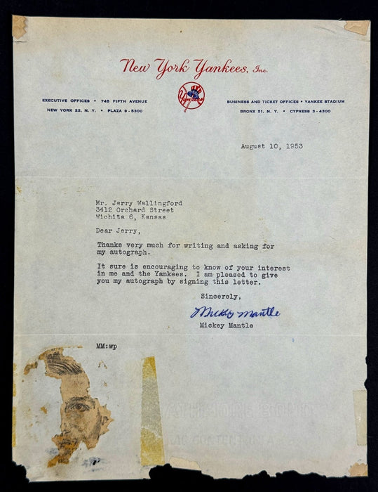 Mickey Mantle Early Career 1953 Signed New York Yankees Letter To Fan Beckett