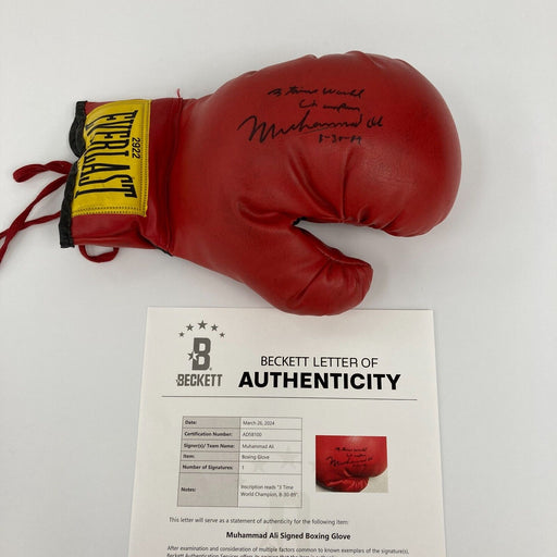 Muhammad Ali "3 Time World Champion" Signed Inscribed Boxing Glove Beckett COA