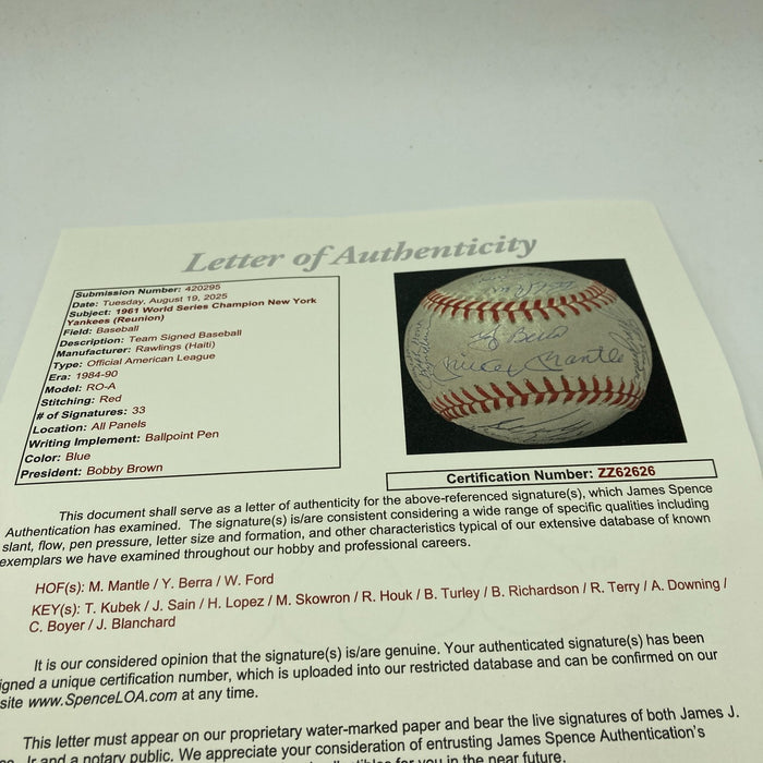 1961 New York Yankees World Series Champs Team Signed Baseball Mickey Mantle JSA