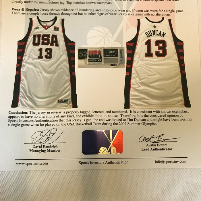 2004 Tim Duncan Game Used Team USA Olympics Jersey With Sports Investors COA