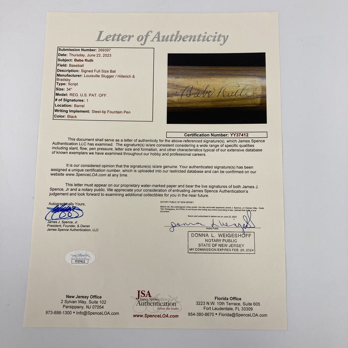 Babe Ruth Signed Game Model Baseball Bat PSA DNA Graded 9 MINT & JSA COA