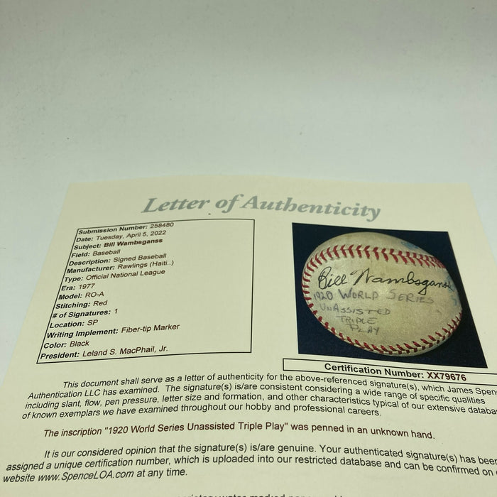 Bill Wambsganss Single Signed Baseball World Series Unassisted Triple Play JSA