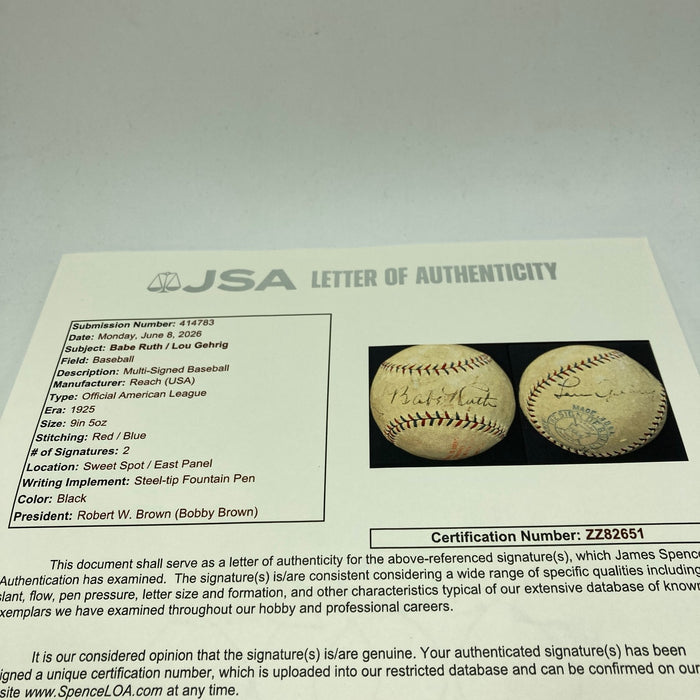 Beautiful Babe Ruth & Lou Gehrig 1925 Signed American League Baseball JSA COA