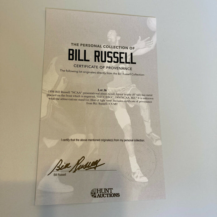 Bill Russell Pre Rookie 1956 NCAA College Basketball Trophy W/ Bill Russell COA