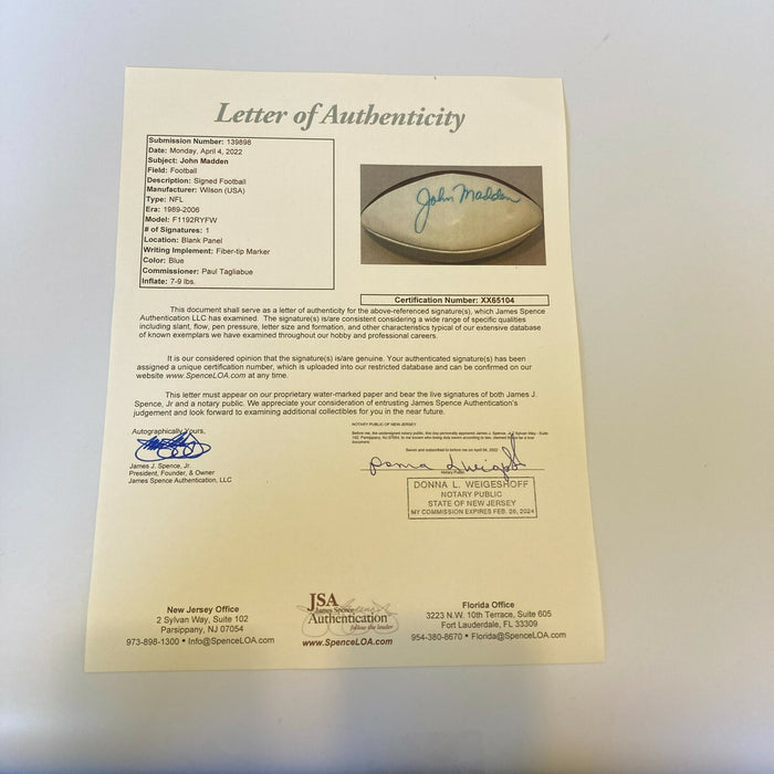 John Madden Signed Autographed Official Wilson NFL Football JSA COA