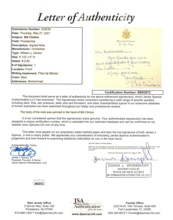 Extraordinary Bill Clinton Signed Handwritten White House Letter To Muhammad Ali