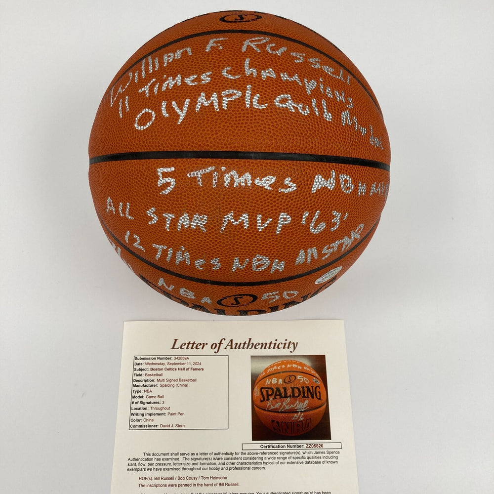 Bill Russell Full Name Signed Heavily Inscribed STAT Basketball JSA COA