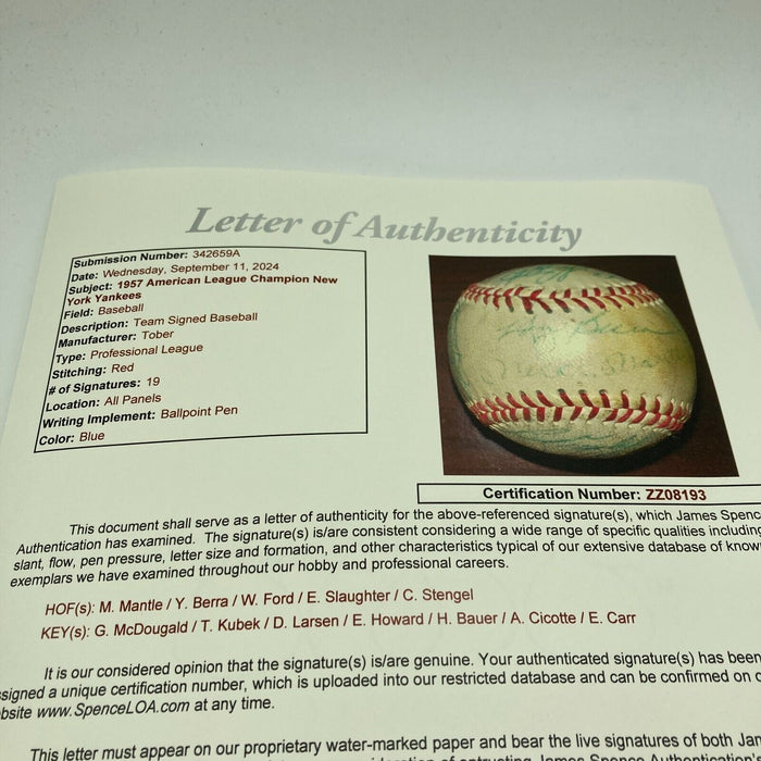 1957 New York Yankees AL Champs Team Signed Baseball Mickey Mantle JSA COA