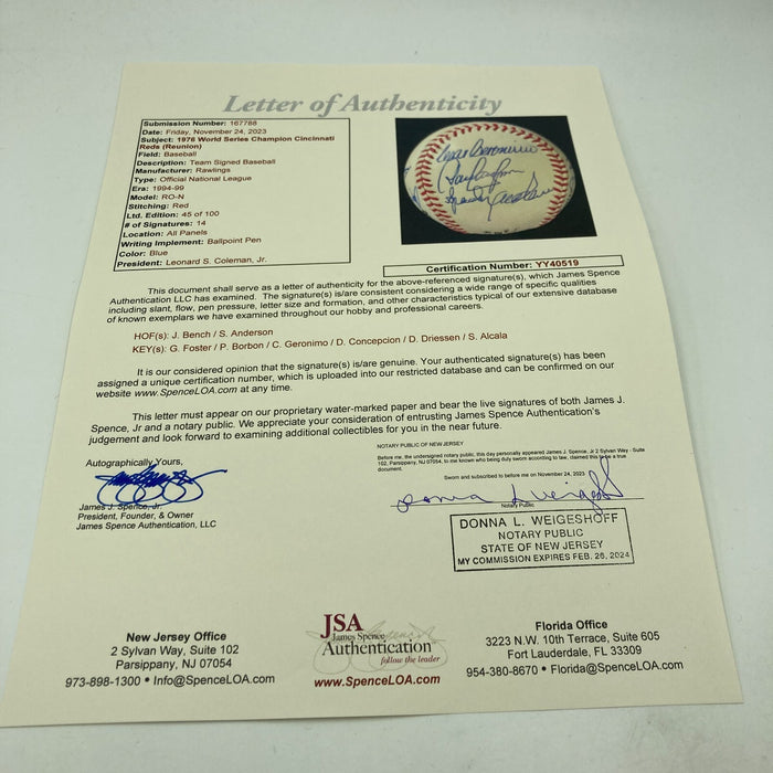 Beautiful 1976 Cincinnati Reds World Series Champs Team Signed Baseball JSA COA