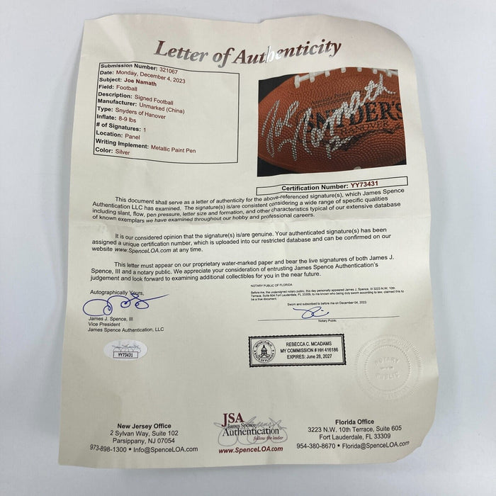 Joe Namath #12 Signed Autographed Football JSA COA